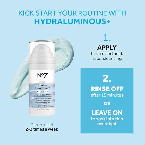 No7 HydraLuminous+ Hydrating Dual Phase Face Mask - Hyaluronic Acid Overnight Face Mask with Vitamin B3 Niacinamide for Skin Barrier Repair & Radiant-Looking Skin (3.5 Fl Oz)