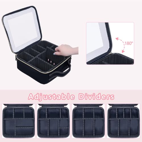 Travel Makeup Train Case Organizer Portable Storage Bag with Adjustable Dividers for Toiletry Cosmetic Brush Jewelry Accessories(Black)