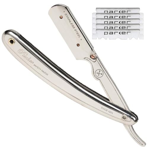 Parker SR1 Stainless Steel Straight Edge Barber Razor ? Professional Shavette for Barbers & Home Use with 5 Premium Platinum Half Blades ? Replaceable Blade Straight Razor for Close, Smooth Shaves