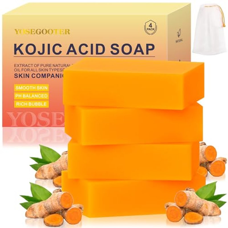 Kojic Acid Soap 4 Packs 14oz,Turmeric Soap, Dark Spot Remover for face and body with Vitamin C, Retinol, Collagen, Original Japanese Complex - Vitamin E, Shea Butter, Castile Olive Oil