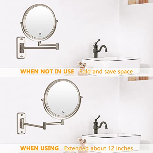 Wall Mounted Makeup Mirror - 1X/10X Magnifying Mirror Double Sided, 8 Inch Extendable Bathroom Mirror, Nickel Finish