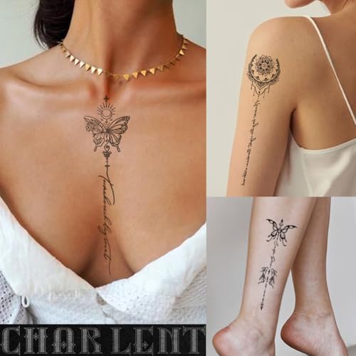 Temporary Tattoos for Women Girls - 45 Pcs Line Flower Words Sketch Realistic Long Last Fake Tattoos Waterproof Minimal Line Art Tattoos for Arm Backbone Leg Body