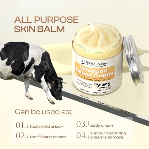 Organic Grass-Fed Beef Tallow Balm: Moisturizing Cream for Dry & Sensitive Skin, 120g/4.2oz