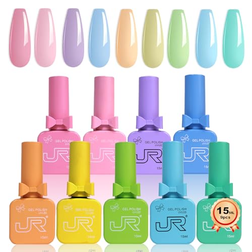 JR 9pcs 15ml Spring Gel Nail Polish Set Macaron Color Light Red Pink Nude Gel Polish Kit UV LED Soak Off Polish Home DIY Gel Polish Set