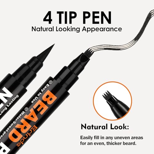 Erinde Beard Pencil Filler for Men Black (2 Pack) - 4-Tip Beard Filler, Waterproof Long Lasting Beard Pen Kit with 2 Fillers & 1 Brush, Stocking Stuffers for Men