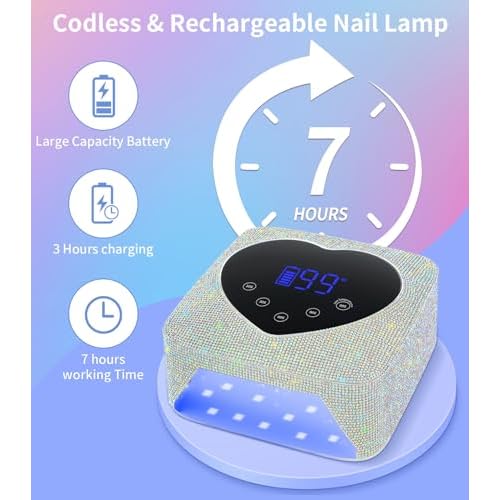 Cordless UV Nail Lamp for Gel Nails 72W, Rechargeable Diamond LED Nail Dryer with 5 Timer Setting, Touch Control & Auto Sensor, Fast Nail Light Curing Lamp for Salon & Home