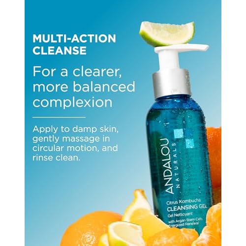 Andalou Naturals Clear Skin Citrus Kombucha Gel Face Cleanser - With Argan Stem Cells, Probiotics, & Aloe Vera to Remove Excess Oil & Dull Surface Cells for More Radiant, Balanced Skin - 6 Fl Oz