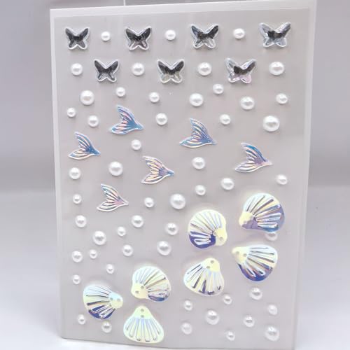 140 pcs Mermaid Face Gems & Seashell Rhinestones -Waterproof Self-Adhesive Face Jewels for Festival, Rave, Cosplay, Body Art (Pearl & Glitter) - Beach Party, Birthday, Carnival Makeup Accessories