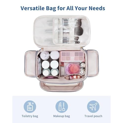 WANDF Travel Toiletry Bag for Women, Wide-open Large Makeup Bag with Handle, Puffy Makeup Organizer for Toiletries, Cosmetics, Accessories, Essentials (Slate Blue)