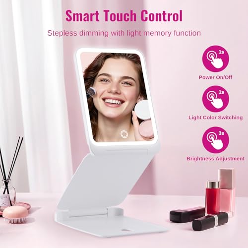 EASEHOLD Lighted Travel Makeup Mirror with 72 Light,1X/3X Magnification,Rechargeable Dimmable Touch Screen,Foldable Adjustable Height & Angle, Compact Magnifying LED Mirror for Women Teens