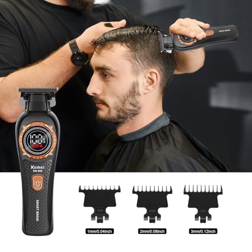 KEMEI 999 Professional Hair Clipper for Men, Cordless Electric Beard Trimmer Men, Zero Gapped T-Blade Hair Trimmer with LCD Display and 3 Guide Combs