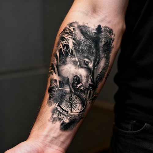 2 Sheets Realistic Animal Temporary Tattoos Stickers Forest Compass Wolf Designs For Men Waterproof Arm Leg Fake Body Art, Gym & Parties Bold Masculine Decals