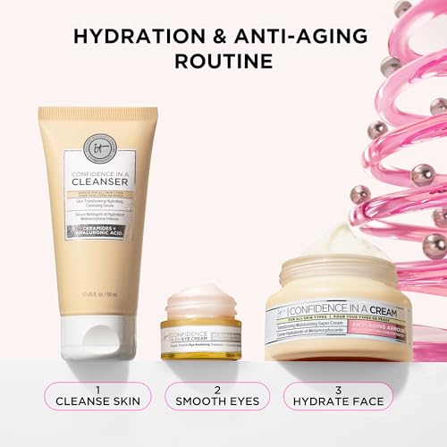 IT Cosmetics Unwrap Healthy Hydration Anti-aging Skincare Set, 3-Pc Holiday Giftset for Her - Confidence in a Cream Face Moisturizer (Full Size) & Gentle Facial Cleanser & Smoothing Eye Cream