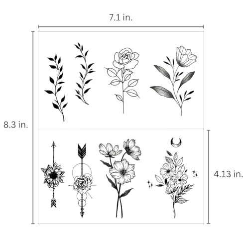 One Grace Medium Black Flower Temporary Tattoos - Realistic Long Lasting Waterproof Tattoos - Floral Bouquet Wild Plants and Branch Tattoos for Women and Men