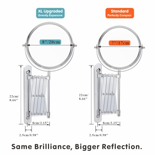 Welllink 8Inch XL Wall Mounted Bathroom Mirror, 1X/7X Magnification, High-Definition Glass, Chrome Finish, Space Saving Design