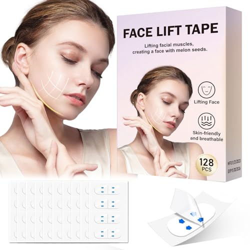 128PCS Face Lift Tape, Face Lift Tape Invisible, Face Tape Lifting Invisible, Face Tape Instantly Lifts Sagging Skin Around The Face, Hides The Double Chin and Creates A v-Shaped Face