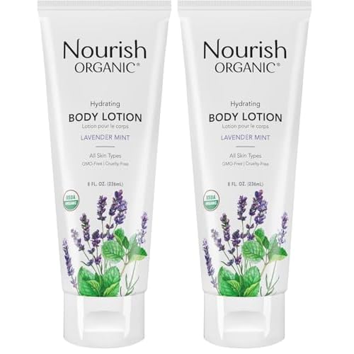 Nourish Organic Body Lotion, Lavender Mint ? Hydrating Body Lotion for Dry Skin with Certified Organic Aloe Vera, Shea Butter, Coconut Oil & Cocoa Butter (8 Oz) + Washable Cotton Round (Pack of 2)