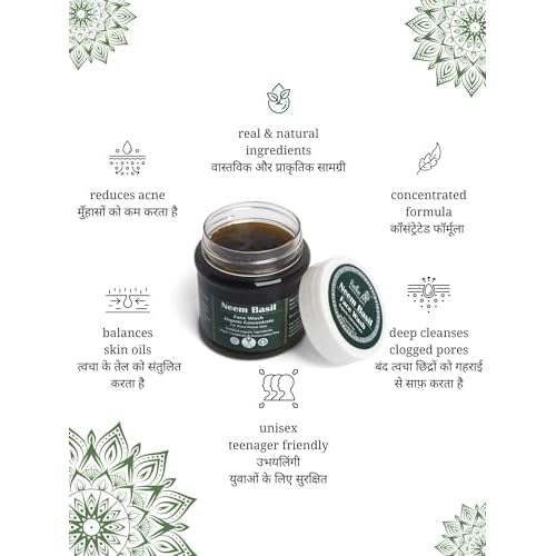 Neem Basil Face Wash Concentrate for Oily & Acne Prone Skin, Deep Cleansing Vegan Facewash, Sulfate & Paraben Free, 4.4 oz