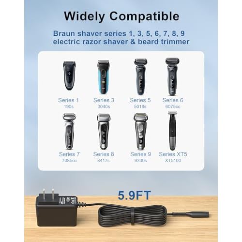 12V Shaver Charger for Braun Series 7 9 3 5 1 XT5 Electric Razor 3040s 340s 9385cc 370 720 760cc 790cc 720s-4 7865cc 9090cc 9330s 5018s 7020s 9095cc 3350cc-4 390cc for Braun Wall Charger