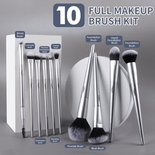 Professional Makeup Brushes 10Pcs, Premium Synthetic Make Up Brush Set, Powder Foundation Contour Blush Concealer Eye Shadow Blending Liner Makeup Brush Kit (Silver)