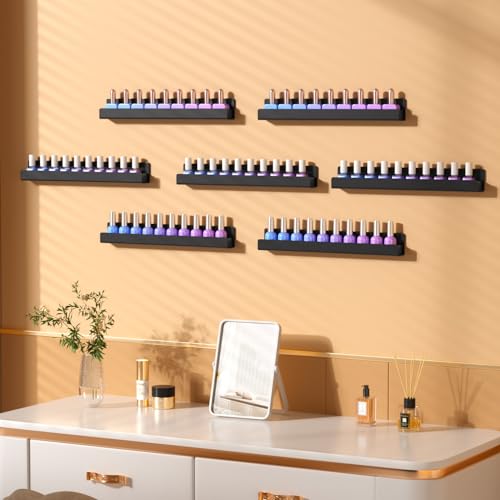 NIUBEE 6 Pack Nail Polish Rack Wall Mounted Shelf with Removable Anti-slip End Inserts, Acrylic Nail Polish Organizer Display 90 Bottles(Black)