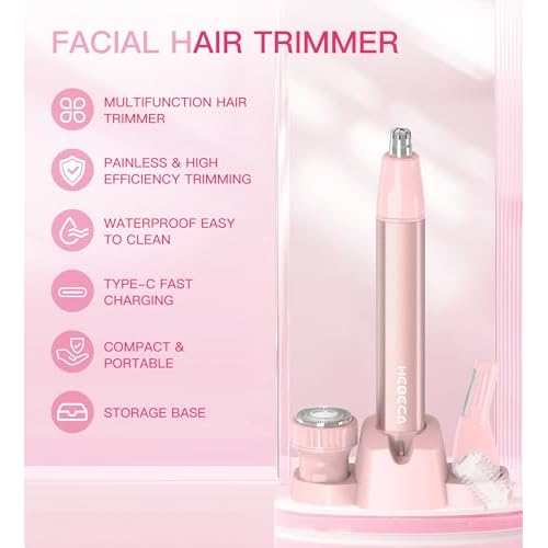 Nose Hair Trimmer for Women 3in1 Facial Hair Removal Trimmers- Rechargeable, Waterproof, Portable with Travel Bag- Trims Nose, Ear, Eyebrow, Peach-Fuzz, Lips, Chin Face Hair Remover (Rose Pink)