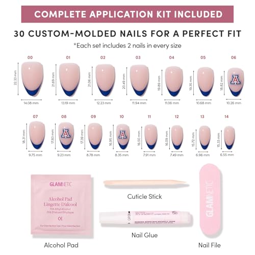 Glamnetic x Fanatics Press On Nails - Arizona Wildcats | Short Almond Fake Nails, Collegiate Blue French Tips, College Nails, Salon-Quality | 15 Sizes - 30 Nail Kit with Glue