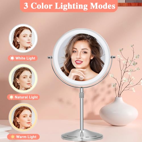 Lighted Makeup Mirror with Magnification, 10X 8¡¯¡¯Rechargeable Double Sided Vanity Mirror with Lights Magnifying Makeup Mirror with 3 Color Light with 360¡Æ Rotation, Detachable Base