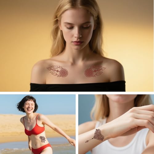 20 Sheets Brown Henna Tattoo Kit, Lace Fake Tattoos Temporary Waterproof Henna Tattoo Stickers Body Art Decorations for Women Wedding Party