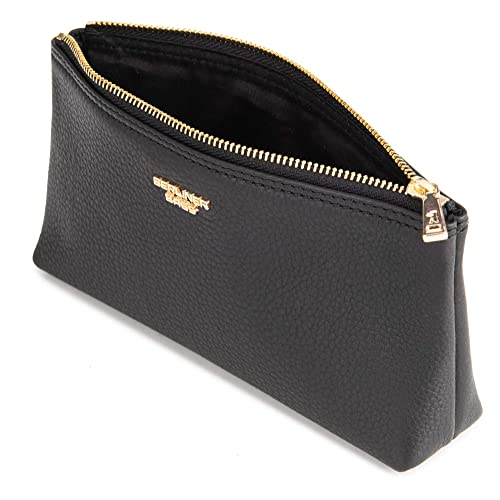 BERLINER BAGS Genuine Leather Makeup Bag Anna, Cosmetic Bag for Purse, Travel and Cosmetics Pouch with Zipper for Women (Black/Gold, XS)