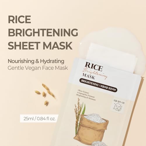 SKINFOOD Rice Daily Sheet Mask, Hydrating and Nourishing Face Mask with Rich Rice Essence, Vegan Korean Skincare for Smooth, Clear, Radiant Skin (10 EA)