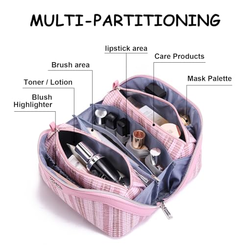 BOYATU Travel Makeup Bag for Women: Large Capacity Open Flat Make up Bag Set of 3 - Vegan Leather Cosmetic Bag with Compartments - Waterproof Toiletry Bag with Handle & Divider(I-1-Pink)