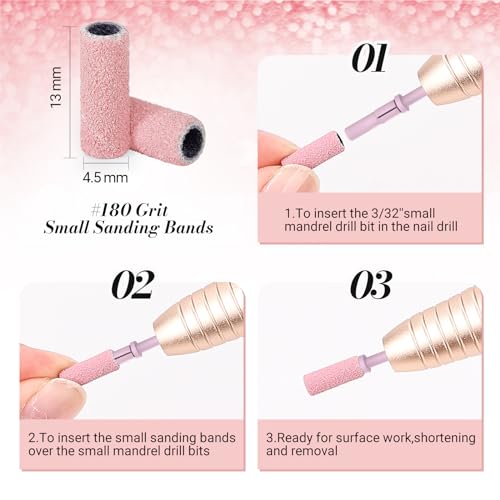 MelodySusie 50 Pcs Nail Drill Bits Small Sanding Bands with 3.1mm Mandrel Bit, 180 Fine Grit Nail File for Acrylic Nails Gel Manicures and Pedicure, Pink (Pack of 2)