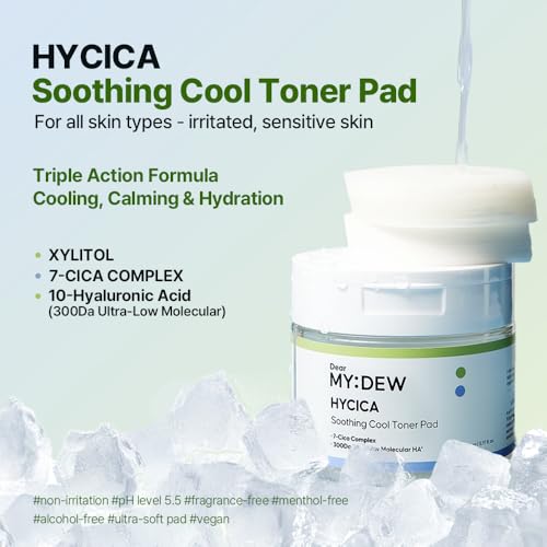 HYCICA Soothing Toner Pad | Cooling Calming Hydration for Sensitive Skin with XYLITOL, Centella, Ultra-Low Molecular Hyaluronic Acid, Vegan Fragrance-Free Korean Skincare, 70 Pads