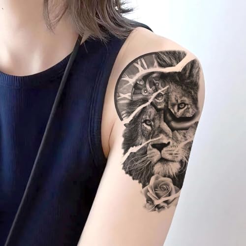 2 Sheets Realistic Animal Temporary Tattoos Stickers Clock Lion Rose Mechanics Designs For Men Waterproof Arm Leg Fake Body Art, Gym & Parties Bold Masculine Decals