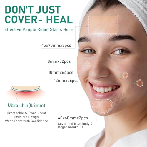 Large Hydrocolloid Pimple Patches for Face, Variety Pack 5 Sizes 196 Count, XL Invisible Acne Spot Dots Stickers for Chin, Nose, Back, Forehead Zits, Blemishes & Breakouts, Tea Tree Oil Salicylic Acid