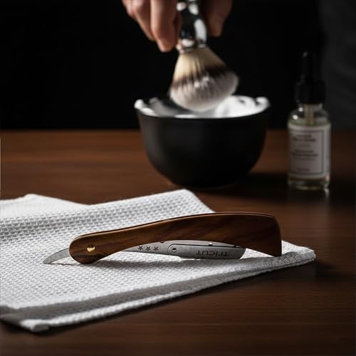 Professional Straight Razor with Wooden Handle Stainless Steel Blade Holder Barber Shaving Razor for Men Folding Shavette with Star Design Salon & Home Use