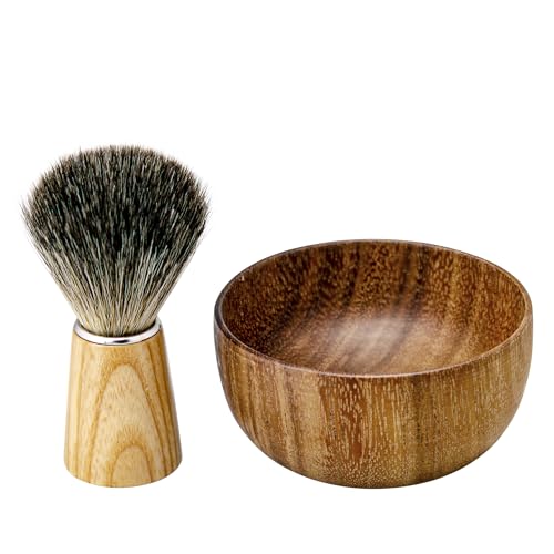 Shaving Brush and Bowl Set Synthetic Hair Shaving Brush with Solid Wood Handle and Wooden Shaving Soap Bowl for Men Easy to Lather Fits Wet Shaving