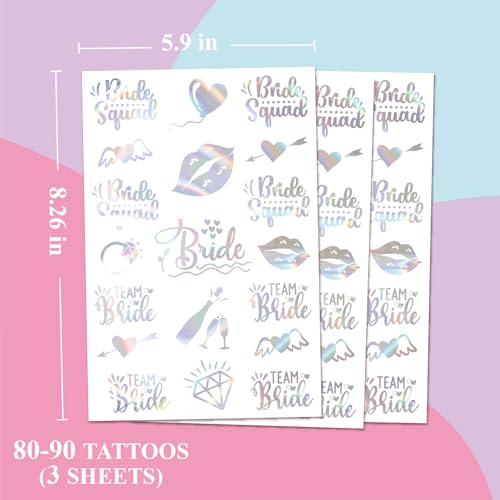 Bride Squad 80+ PCS Bachelorette Party Tattoos - Wedding Cheers Bride Tribe Temporary Tattoos for Bride & Bridesmaid, Iridescent Metallic Tattoos