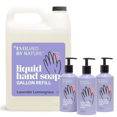 Evolved By Nature Liquid Hand Soap, 12 Oz - 3 Pack + Gallon Refill, Lavender Lemongrass, Biodegradable Formula, Reusable Aluminum Dispenser