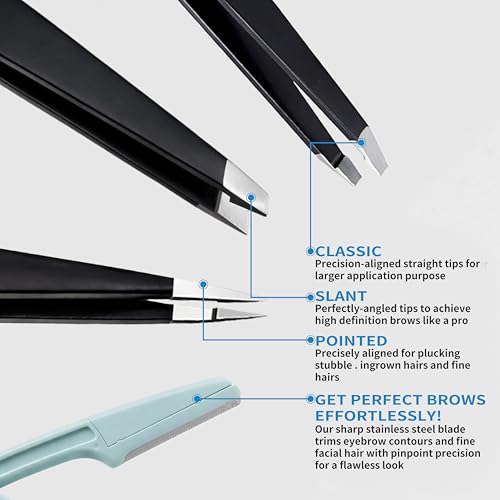 MGER Tweezers Set - Professional Stainless Steel Tweezers for Eyebrows - Great Precision for Facial Hair, Splinter and Ingrown Hair Removal