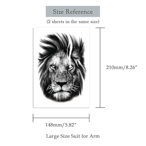 2 Sheets Realistic Animal Large Temporary Tattoos Stickers Sketch Lifelike Lion Head Designs For Men Waterproof Arm Leg Fake Body Art, Gym & Parties Bold Masculine Decals