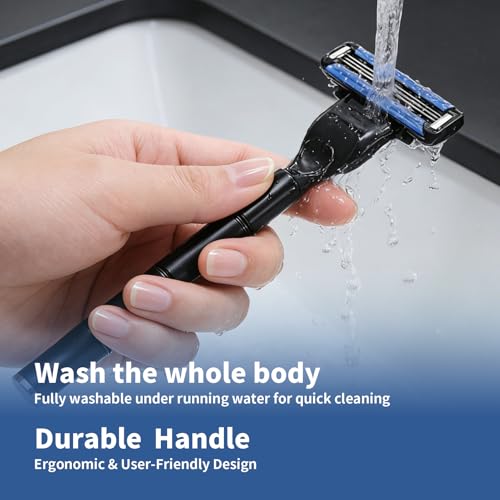 3-Blade Men Razor with Lubricating Strip & Pivoting Head - Safety Razor Blades Kit Includes 2 Handles, 12 Razor Blade Refills, Wall Hook & Cleaning Brush