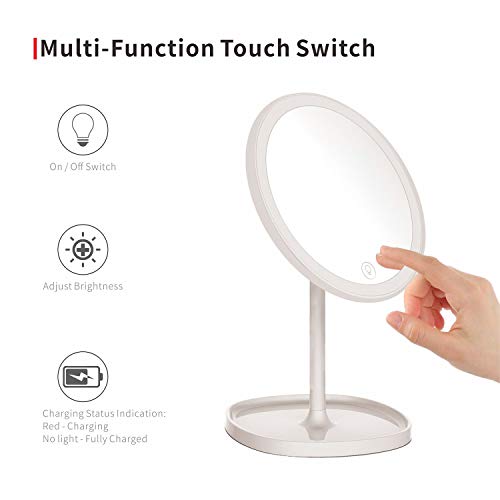 LED Lighted Makeup Mirror, Circle, 7"L x 7"W 12.48"H, White, Rechargeable, Cordless, Standing/Leaning, Compact