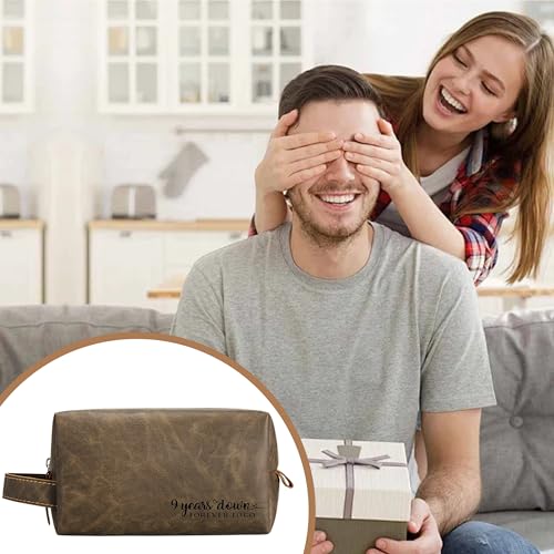 9th Years Anniversary Present for Him, 9 Years Wedding Gifts for Husband Anniversary, Engraved PU Leather Toiletry Bag and KeyChain