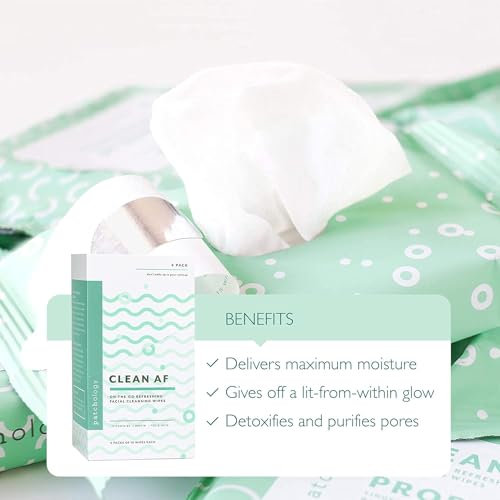 Patchology Clean AF Facial Cleansing Wipes - On-The-Go Refreshing Travel Size Face Wipes for Removing Dirt and Oil - Makeup Remover for Sensitive and Oily Skin (4 Packs/60 Count)