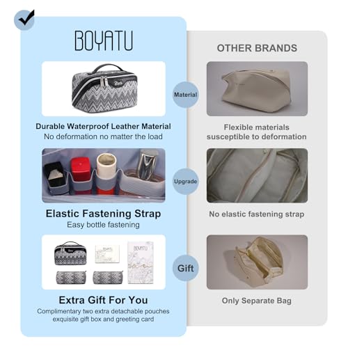 BOYATU Travel Makeup Bag for Women: Western Boho Make up Bag Set of 3 - Large Capacity Vegan Leather Cosmetic Bag - Waterproof Toiletry Bag with Compartments & Handle & Divider(J-3-Black)
