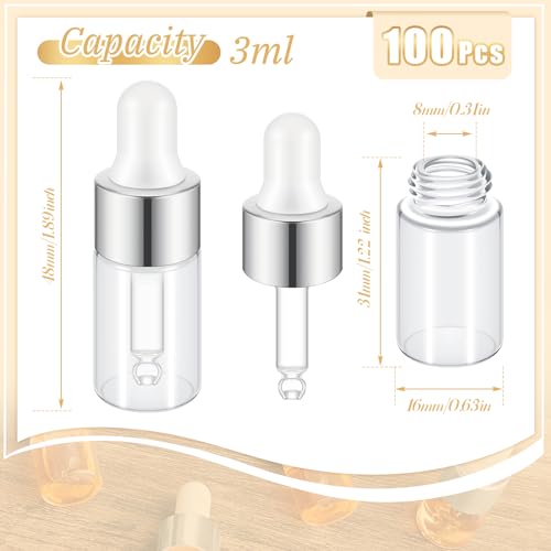 100 Pcs Mini Glass Oil Dropper Bottle Bulk, 3 ml Sliver Clear Essential Small Empty Bottles Sample Containers Perfume Liquid Vials with Cap for Traveling