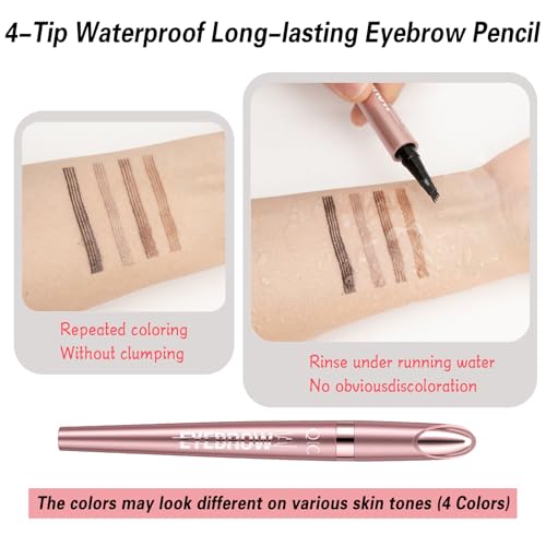 4 Pack 3D Eyebrow Pencil, 4 Tip Microblading, 24 Hours Smudge Proof Brow Pen, Brow Pen Makeup Natural Fine Stroke, Waterproof Eyebrow Pencil (Light Brown, Dark Brown, Grey, Black)