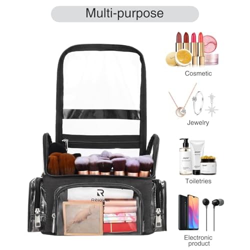 Makeup Brush Bag, Clear Makeup Brush Holder Professional Makeup Artist Travel Case Waterproof Cosmetic Organizer Bag, Full Open Easy to Access, with Adjustable Shoulder Strap and Dividers